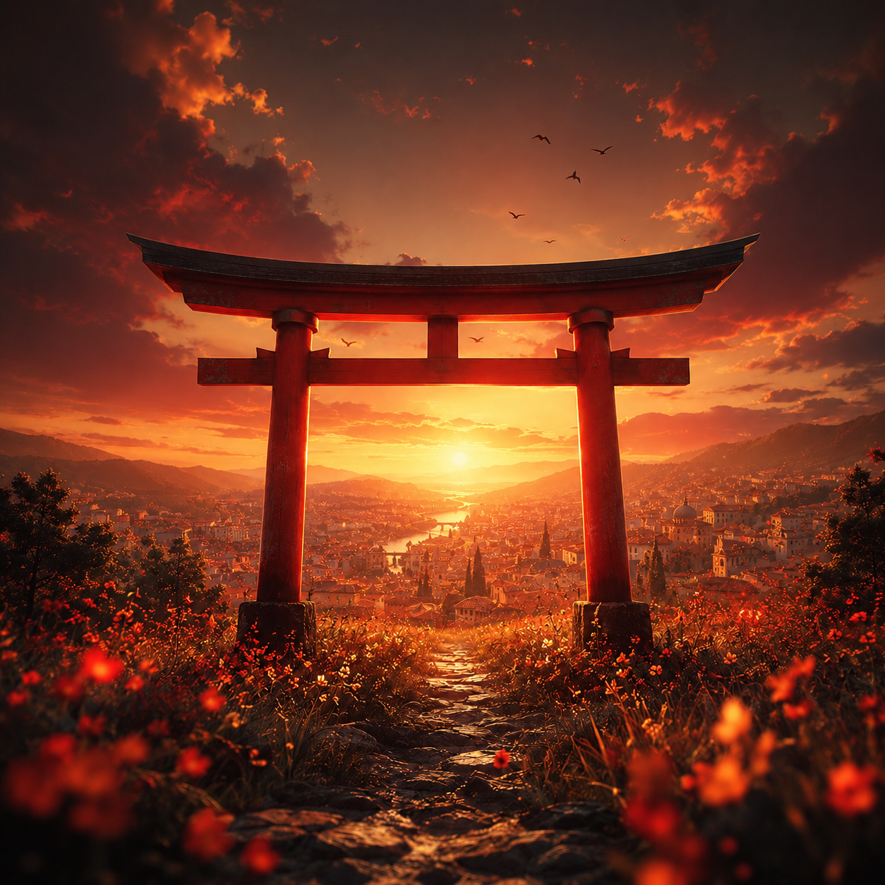 A red torii gate overlooking a thriving city at sunset
